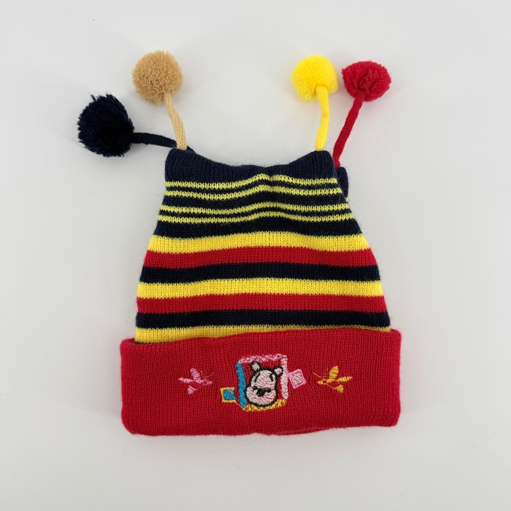 Winnie Pooh Infant Striped Knit Beanie Hat Pom Poms Embroidery Red Navy Yellow